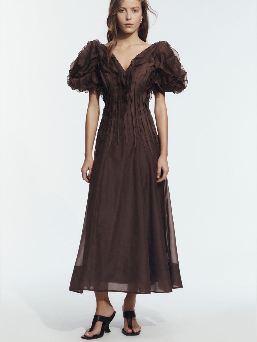 Aje Seraphina Midi Elegant Puff-Sleeve Brown Midi Dress, 2 4 6 8